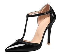 Mo Joc Women Elegant T-Strap Sandals with Stilettos and Pointed Toe Working Shoes with Large Black