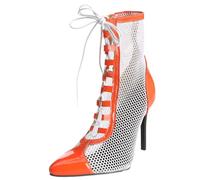 Mo Joc Women’s Pointed Lace Up Ankle Boots | 10cm Stiletto Heel with Mesh & Synthetic Patent; Adjustable Cross Laces for Clubs, Parties & Festival Nights