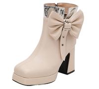 Mo Joc Women's Ankle Boots with Bowknot | 10cm Chunky Heel & 12cm Shaft | Side Zipper Design | Synthetic Suede Upper | Comfort Footbed