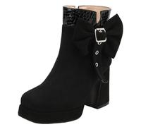 Mo Joc Women's Ankle Boots with Bowknot | 10cm Chunky Heel & 12cm Shaft | Side Zipper Design | Synthetic Suede Upper | Comfort Footbed