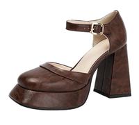 Mo Joc Women's Block Heel Backstrap Mary Jane Shoes | Square Toe, Buckle, 10.5CM Block Heel + 3CM Platform for Retro Wear and Party Tan