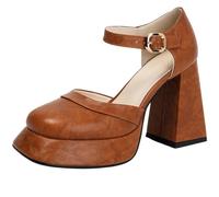 Mo Joc Women's Block Heel Backstrap Mary Jane Shoes | Square Toe, Buckle, 10.5CM Block Heel + 3CM Platform for Retro Wear and Party