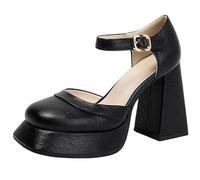 Mo Joc Women's Block Heel Backstrap Mary Jane Shoes | Square Toe, Buckle, 10.5CM Block Heel + 3CM Platform for Retro Wear and Party Black