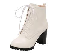 Mo Joc Women's Chunky Heel Ankle Boots | 9CM Block Heel & 10.5CM Shaft | Side Zipper & Lace-Up | Synthetic PU Upper | Warm Faux Fur Lining