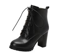 Mo Joc Women's Chunky Heel Ankle Boots | 9CM Block Heel & 10.5CM Shaft | Side Zipper & Lace-Up | Synthetic PU Upper | Warm Faux Fur Lining