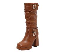 Mo Joc Women's Mid Calf Boots Chunky Heel Buckle Design 10cm Stable Non-Slip for Winter