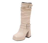Mo Joc Women's Mid Calf Boots Chunky Heel Buckle Design 10cm Stable Non-Slip for Winter