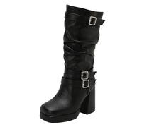 Mo Joc Women's Mid Calf Boots Chunky Heel Buckle Design 10cm Stable Non-Slip for Winter