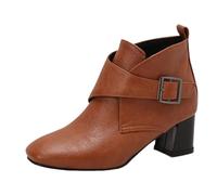 Mo Joc Women's Retro Chunky Heel Boots | 5.5CM Block Heel & 10.5CM Shaft | Adjustable Buckle Strap | Synthetic PU Upper | Warm Faux Fur Lining