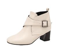 Mo Joc Women's Retro Chunky Heel Boots | 5.5CM Block Heel & 10.5CM Shaft | Adjustable Buckle Strap | Synthetic PU Upper | Warm Faux Fur Lining