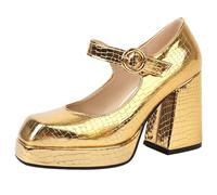 Mo Joc Women's Square Toe Court Shoes, Mary Jane Block Heel Platform, 9.5cm Heel & 2cm Hidden Platform, Non-Slip Sole for Office Daily & Parties Gold