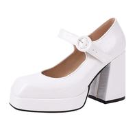Mo Joc Women's Square Toe Court Shoes, Mary Jane Block Heel Platform, 9.5cm Heel & 2cm Hidden Platform, Non-Slip Sole for Office Daily & Parties White
