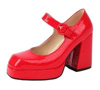 Mo Joc Women's Square Toe Court Shoes, Mary Jane Block Heel Platform, 9.5cm Heel & 2cm Hidden Platform, Non-Slip Sole for Office Daily & Parties Red
