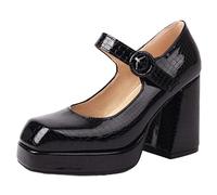 Mo Joc Women's Square Toe Court Shoes, Mary Jane Block Heel Platform, 9.5cm Heel & 2cm Hidden Platform, Non-Slip Sole for Office Daily & Parties Black