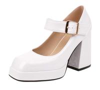 Mo Joc Women's Square Toe Court Shoes, Mary Jane Platform Block Heel with Buckle Strap, 9.5cm Heel & 2.5cm Platform, Non-Slip Sole for Office Daily & Social Events White
