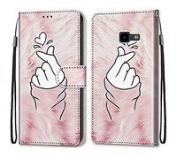 Mo-Somnus Compatible with Samsung Galaxy J4 Plus 2018 / J4 Prime Case, PU Leather Flip Wallet Phone Cases Cover with Viewing Stand & 3 Card Holder, TPU Shockproof Magnetic Folio Cover (Finger Heart)