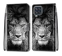 Mo-Somnus Compatible with Samsung Galaxy M32 4G / F22 Case, PU Leather Flip Wallet Phone Cases Cover with Viewing Stand & 3 Card Holder, TPU Shockproof Magnetic Protective Folio Cover (Lion)