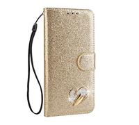 Mo-Somnus For Galaxy S9 Plus Case [Free Tempered Glass Screen Protector], Luxury Bling Glitter Sparkly [Loving Heart Diamond] Design Wallet Case [Stand Function] Cover For Samsung S9 Plus (Gold)