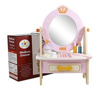 Moageme Girl Salon Set | Wooden Dressing Table Vanity Pretend Toy Set with Wooden Perfume Lipstick Eye Shadow Plate Comb Makeup Brush, Pretend Toy Set for Little Girls