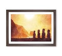 Moai in Easter Island Polynesia Painting Framed Print | A2 Walnut Framed Wall Art | Ready to Hang | Modern Holiday Picture | Living Room Bedroom Lounge Office