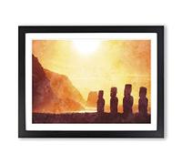 Moai In Easter Island Polynesia Painting Modern Art Framed Print | A2 Black Framed Wall Art | Ready to Hang | Modern Holiday Picture | Living Room Bedroom Lounge Office