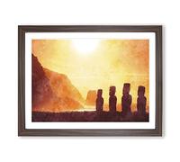 Moai In Easter Island Polynesia Painting Modern Art Framed Print | A4 Walnut Framed Wall Art | Ready to Hang | Modern Holiday Picture | Living Room Bedroom Lounge Office