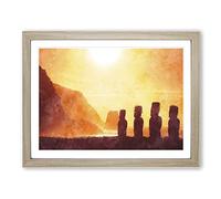 Moai In Easter Island Polynesia Painting Modern Art Framed Wall Art Print, Ready to Hang Picture for Living Room Bedroom Home Office Décor, Oak A3 (46 x 34 cm)