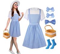 MOAMDAUT 5 Pcs Halloween Women's Costume Blue Gingham Dress Book Character Outfits Comic Con Cosplay Costumes for Adults, Blue, Medium