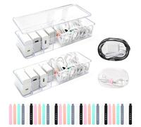 MOAMUN 2PCS Cable Storage Box, Clear Acrylic Data Cable Tidy Box with Lid, 30 Ties and 2 Wire Organiser Bag, 8 Grids Stackable Wire Organiser Box Charger Organiser for Headphones Chargers Cables