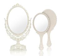 MOAMUN 2PCS Vintage Makeup Mirror and Hand Mirror, Double Sided Adjustable Dressing Table Mirrors with 360 Degree Rotation, Small Mirrors on Stand for Bedroom Bathroom Vanity Travel(Beige)