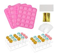 MOAMUN 304 PCS Cake Pop Maker Kit with 2 Cake Pop Stand, 2 Silicone Mold, 300PC Paper Sticks/Clear Bags/Gold Twist Ties, 15 Holes Acrylic Lollipop Hold Stand for Wedding Birthday Party