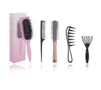 MOAMUN 5PCS Curly Hair Brush Set, Less Pulling Curl Defining Brush with Round Hairbrush, Tail Comb, Wide Tooth Comb and Claw, Soft Bristle Bounce Curl Brushes for Detangling Shaping Defining(Pink)