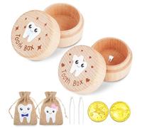 MOAMUN 8PCS Tooth Fairy Box Set for Girl and Boy, 3D Carved Keepsake Box with Tooth Fairy Bag, Gold Coin and Clip, Wooden Cute Baby Memory Holder for Kids Tooth Loss Baby Shower Birthday Gifts Souveni