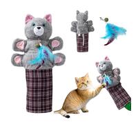 MOAURCHI Cat Wrestling Glove Hand Puppet, Interactive Play Toy with Feather, Gray with Pink Ears, Multicolor Plaid Sleeve