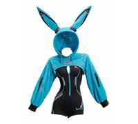 Mobbunny Anime Derivative Sexy Lingerie Tight Sportswear Cyber Style Cosplay Costume Bodysuit with Hooded Short Jacket, Blue, Small