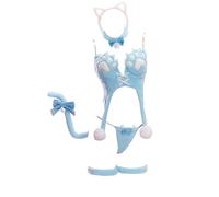 Mobbunny Women Cat Paw Kawaii Lingerie Set Animal Winter Plush Cute Furry Top and Thong with Tail, Blue, Large