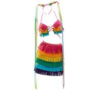 Mobbunny Women Pinata Theme Costume Sexy Colorful Fringe Lingerie Halloween Layered Fringe Top and Skirt with Sleeves, Rainbow, Large
