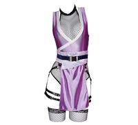 Mobbunny Womens Anime Cosplay Costume Purple High Slit Bodysuit Fishnet Mesh Bodysuit with Mask and Thigh Socks, Purple, Small