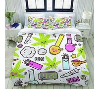 MOBEITI Duvet Cover Set,Green Weed Marijuana Kawaii Cartoon Pattern White Cannabis Leaf Smoke Bong Pot,Decorative 3 Piece Bedding Set with 2 Pillow Shams,Double Size