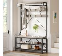 Mobeneno Hallway Coat Rack, Hall Tree with Bench & Shoe Storage & 8 Hooks, Freestanding Hall Tree Storage Bench, Industrial Style, Height 183 cm for Entryway Hallway Living Room