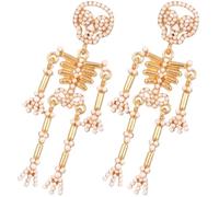 Mobestech 1 Pair Skull Skeleton Earrings for Women Dangle Design with Rhinestone Embellishment in Golden Alloy, Stylish Gothic Halloween Earrings for Everyday or Birthday Wear