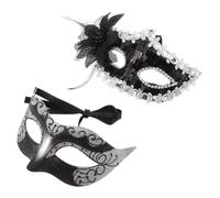 Mobestech 2pcs Couples Masquerade Masks Set for Halloween and Carnival Party, Venetian Half Face Design, Lightweight Plastic with Silver Glitter and Intricate Raised Sculpture, Secure Fit