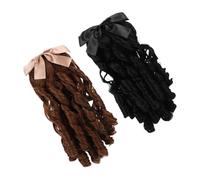 Mobestech 2pcs Vintage Curly Ponytail Wig with Insert Comb Long Synthetic Hair Extensions for Women Retro Bow Hairpiece for Cosplay Costume Styling Natural Black and Light Brown