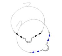 Mobestech 2pcs Vintage Moon Pattern Forehead Head Chain Hair Accessories with Natural Crystal Beads, Delicate Bridal Headdress for Wedding and Photography, Antique Silver with Black and Dark