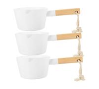 Mobestech 3pcs Bath Ladle with Long Wooden Handles High Capacity Water Scoop Kitchen Tool Ergonomic Splash Design for Deep Pots and Large Containers Safe Home Essential
