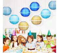 Mobestech 4 Pcs Planet Paper Lanterns Set Hanging Solar System Decor for Birthday Party Outer Space Ceiling Decorations in Light Blue Dark Blue Light Yellow and