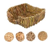Mobestech 5pcs Hand-woven Folding Straw Rabbit Nest with Sleeping Bed and Four Balls, Household Hideout House for Small Pets, Hamster and Bunny Cozy Straw Woven Habitat