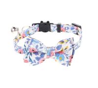 Mobestech Adjustable Cat Bow Tie Collar Wide Cotton Pet Neckwear with Safety Buckle Decorative and Comfortable Kitten Collar for Daily Wear and Special Occasions Blue and White Floral