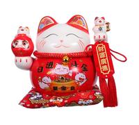 Mobestech Ceramic Maneki Neko Money Box Japanese Piggy Bank for Adults Red Feng Shui Coin Container Savings and Prosperity Tabletop Decoration Centerpiece