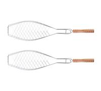 Mobestech Fish Barbecue Basket Non-stick Iron Grill Rack with Wooden Handle 2 Pcs Reducing Sticking and Falling through Grates for Outdoor Camping and Picnic